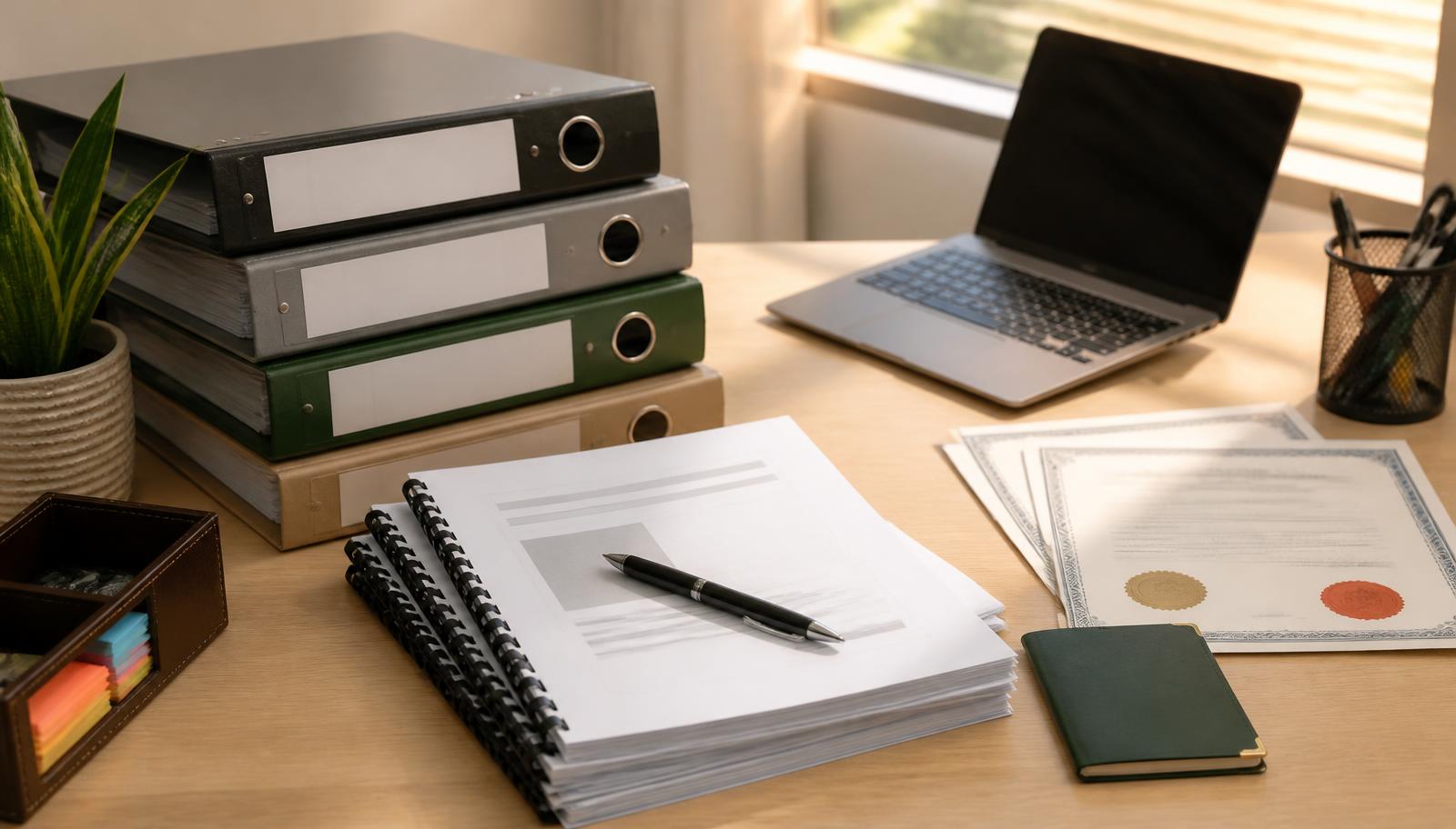 A South African bid manager's desk with tender files, certificates, a notebook and a pen in warm daylight