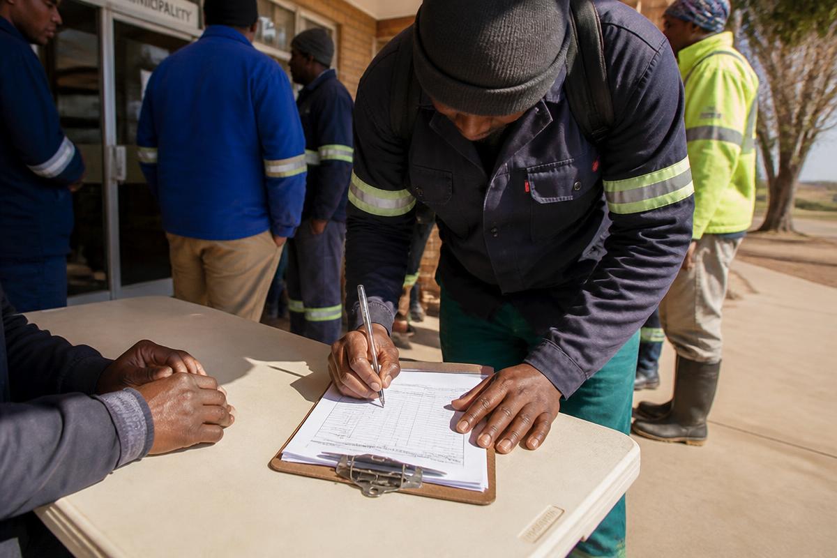 Contractors in workwear signing an attendance register at a compulsory site briefing
