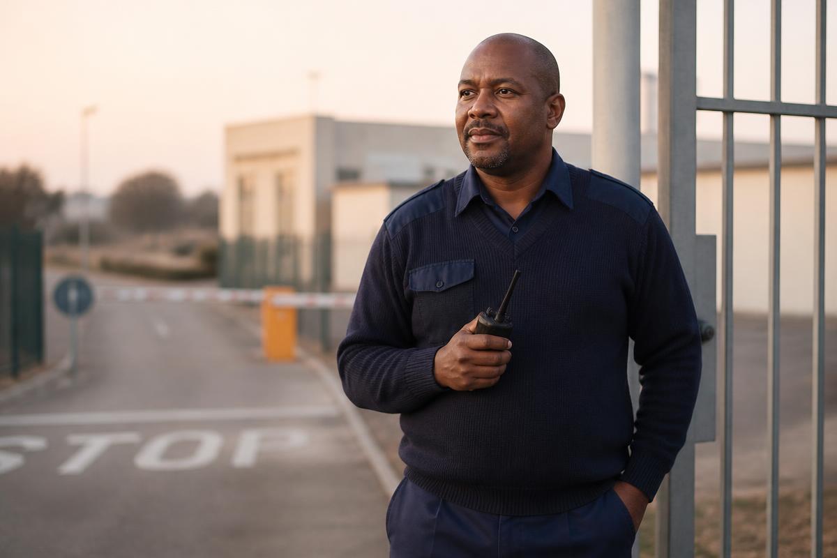 A security supervisor in plain navy uniform standing at the gate of a municipal facility at first light